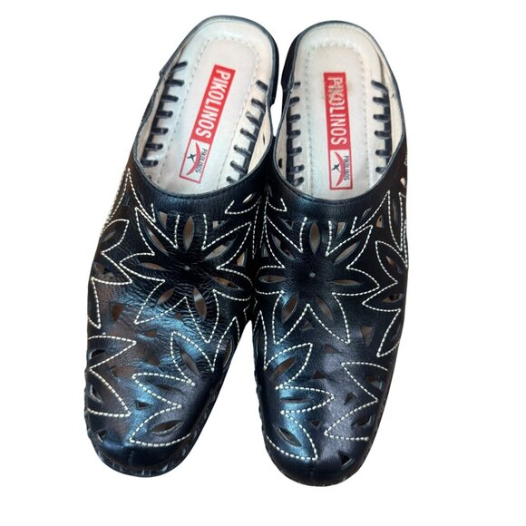 Pikolinos Women's Black Leather Laser Cut Floral Slip On Mule.EU 37 US 6 - Picture 2 of 11